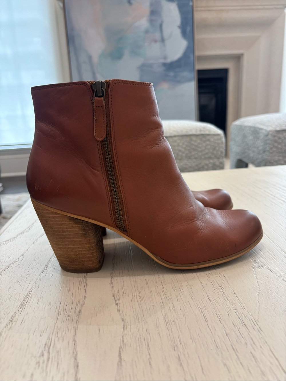 BP Nordstrom Cognac Leather Ankle Boots Block Heel Women’s 9